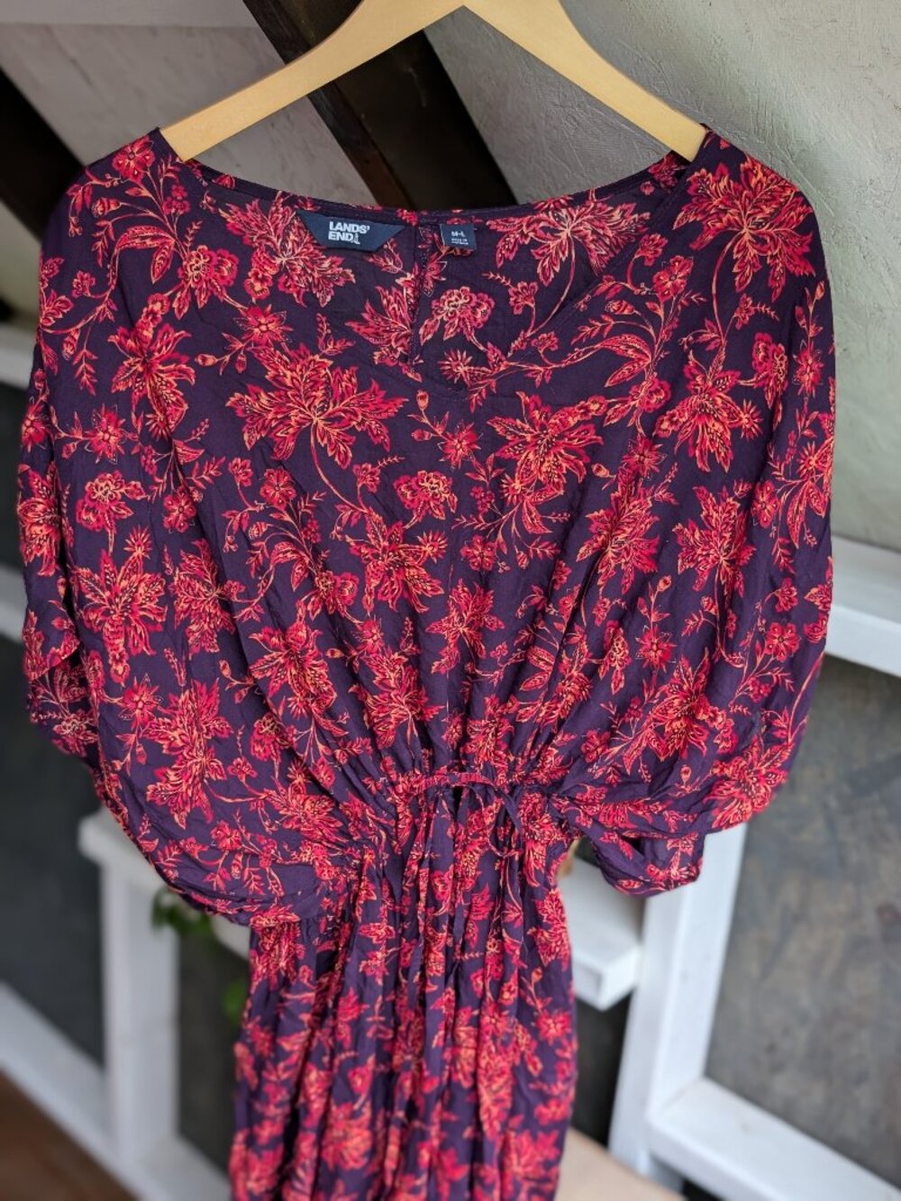 Lands' End Plum Floral Gathered Waist Kaftan Swim Cover-Up Dress M/L